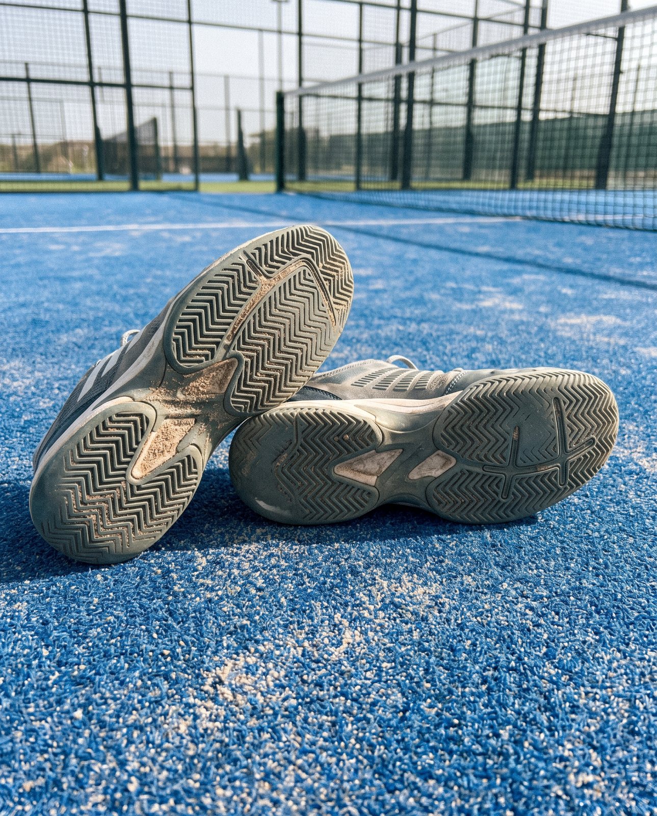 Semelles d'une chaussure de padel et d'une chaussure de tennis