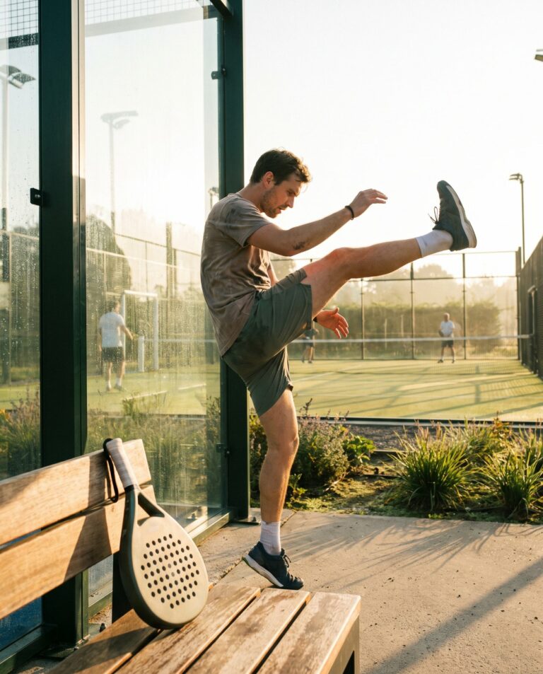 Joueur s'échauffant au bord d'un terrain de padel