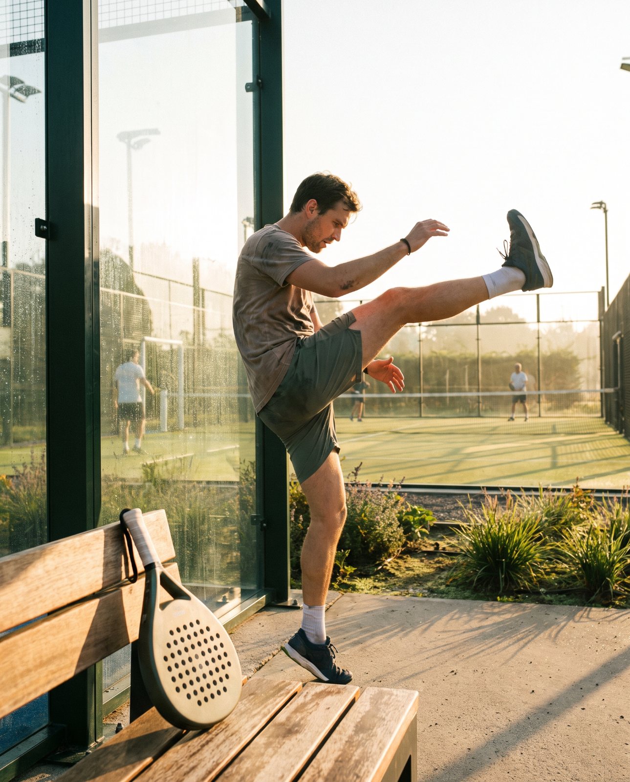 Joueur s'échauffant au bord d'un terrain de padel