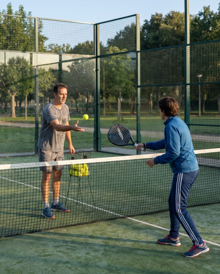 Exercice de volée au filet avec un panier de balles