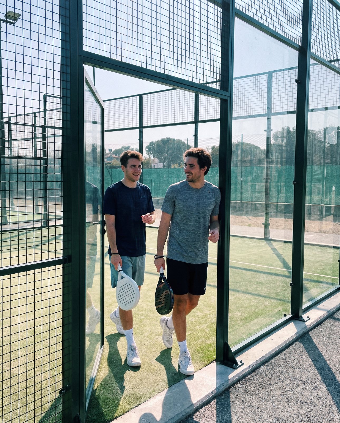Deux amis entrant sur un terrain de padel