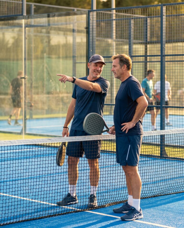 Deux partenaires de padel qui se parlent au filet