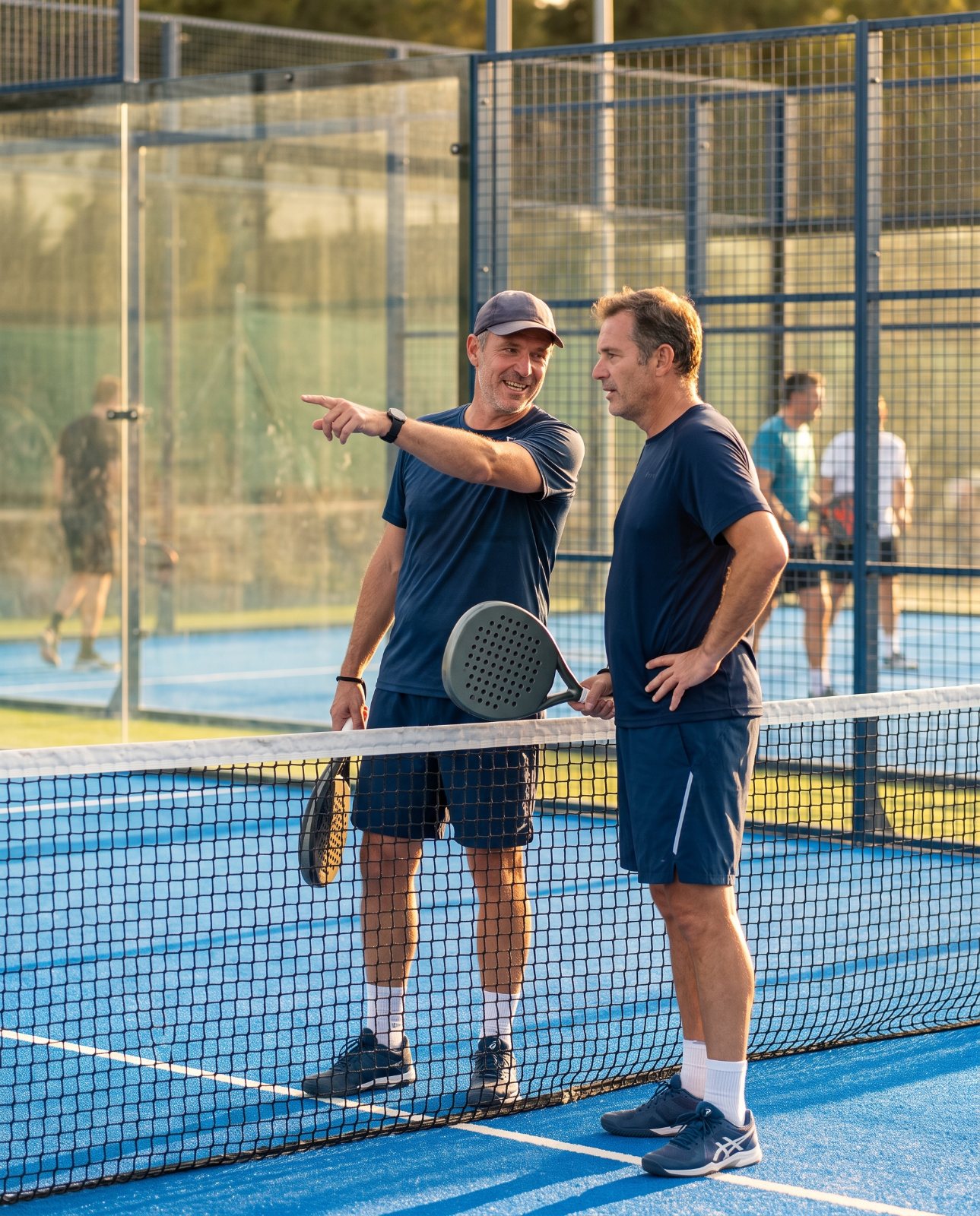 Deux partenaires de padel qui se parlent au filet