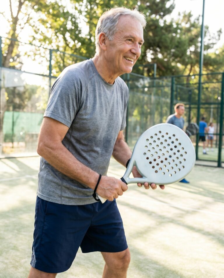 Joueur senior souriant avec une raquette de padel ronde