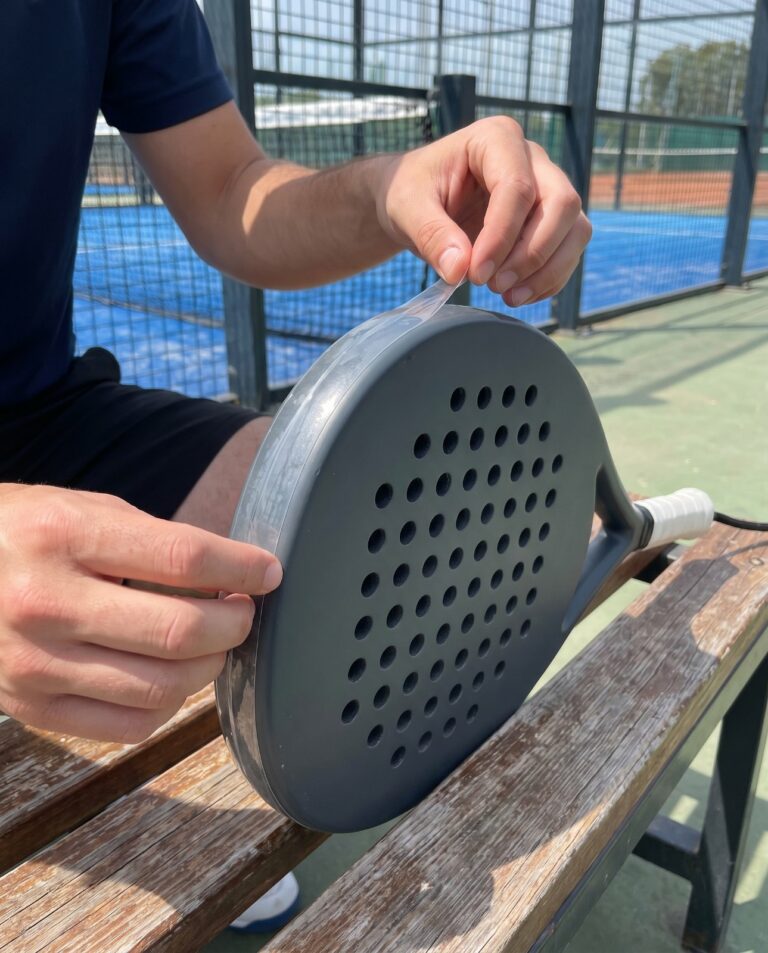 Pose d'une protection sur la tête d'une raquette de padel
