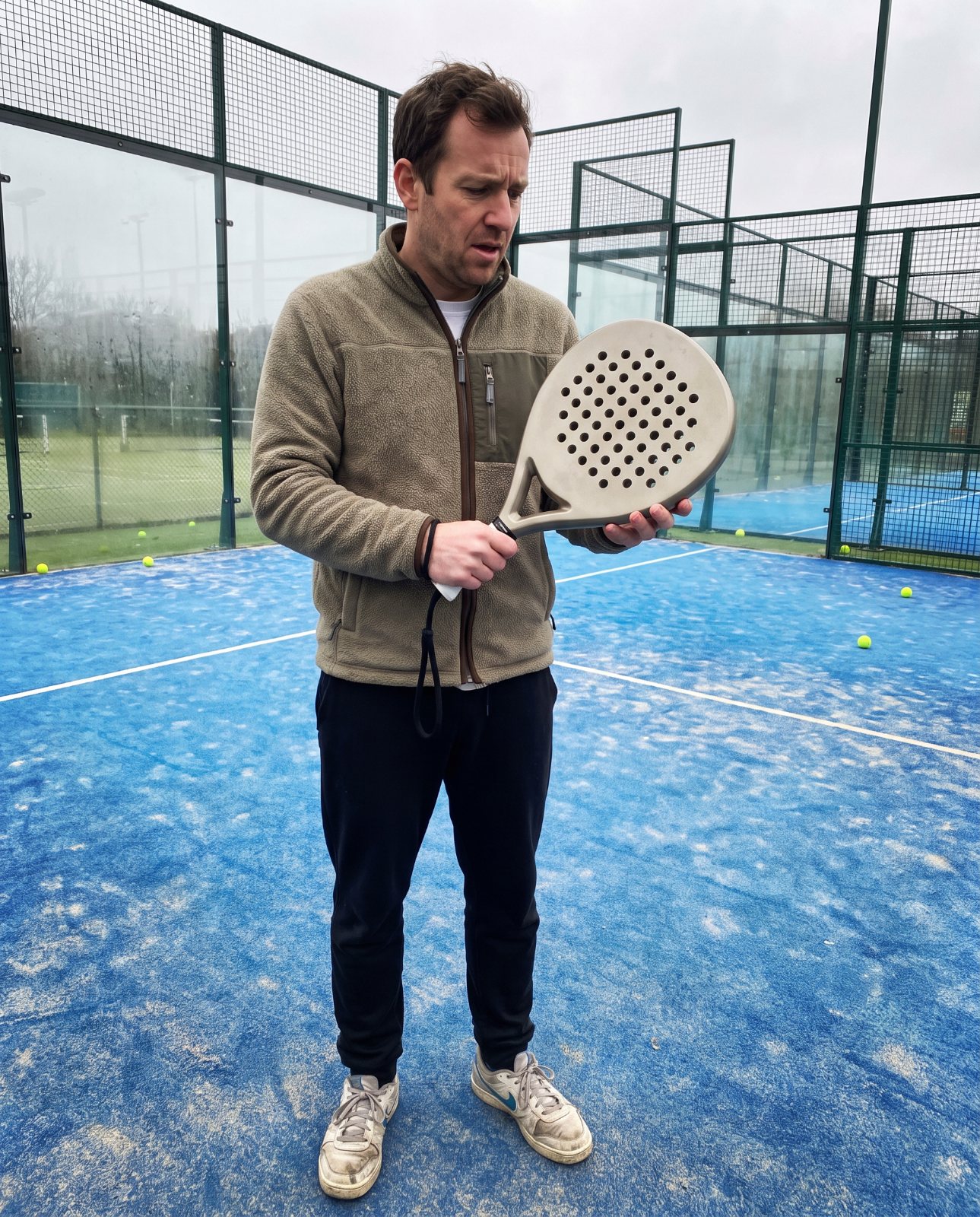Débutant découvrant sa première raquette de padel sur un terrain