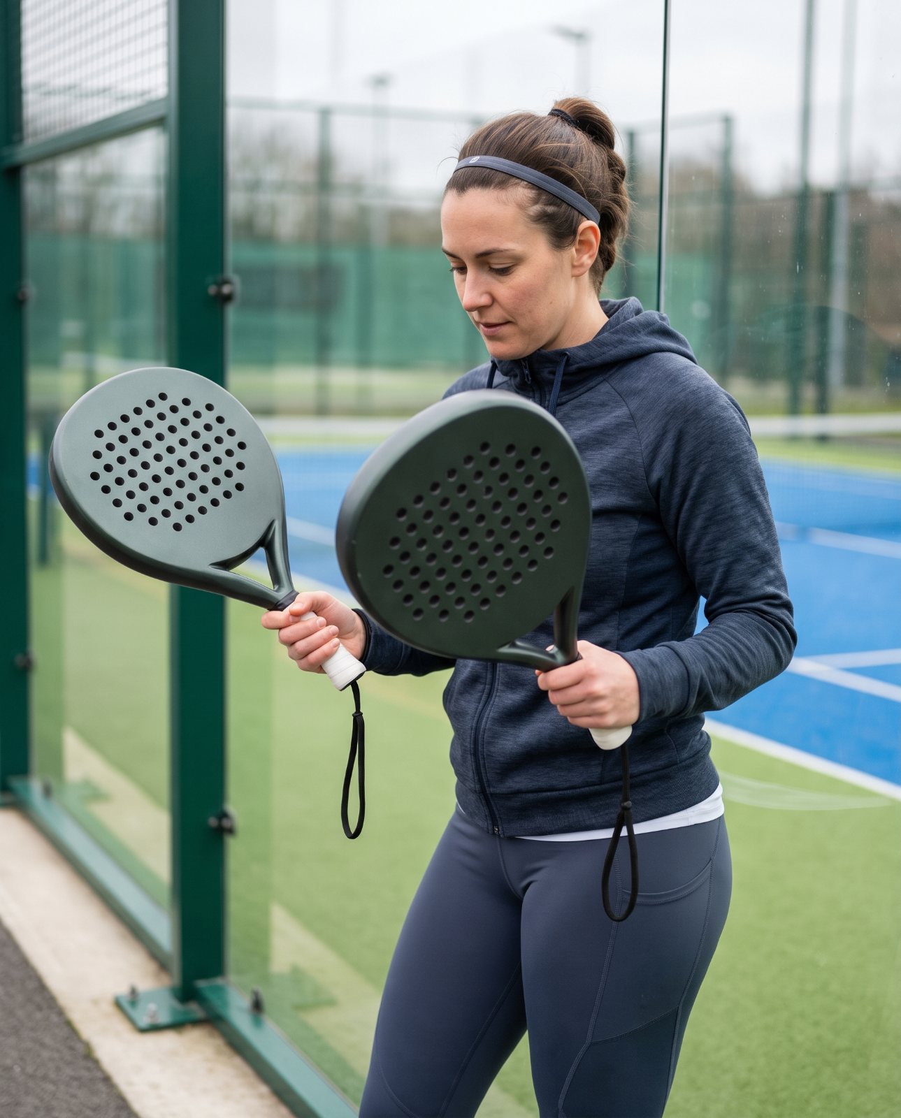 Joueuse comparant deux raquettes de padel légères