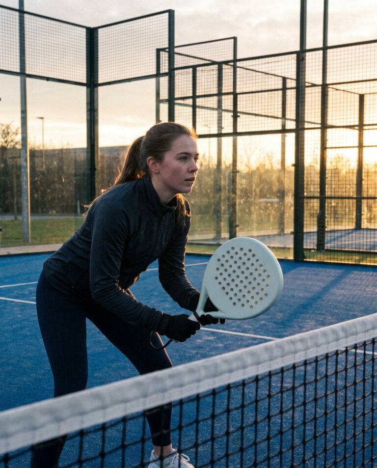 Joueuse de padel au filet en position d'attente