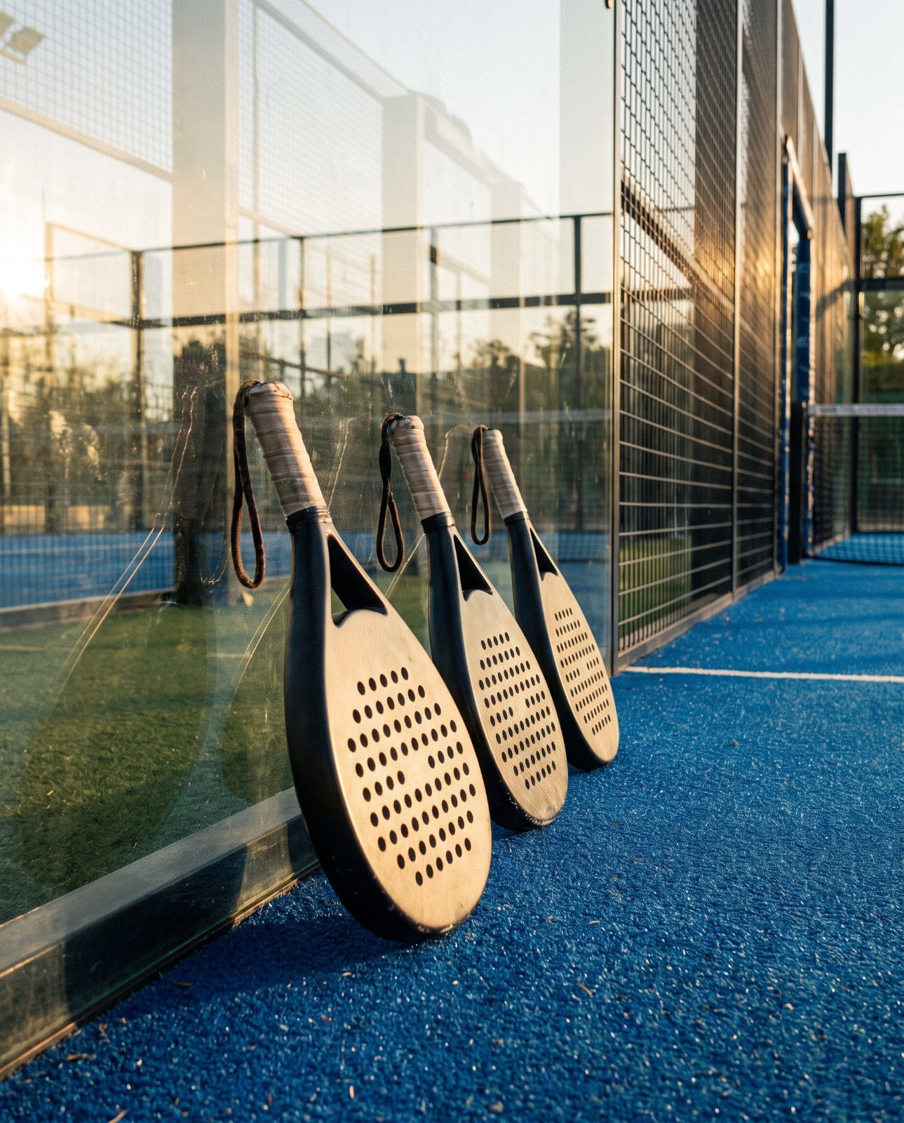 Trois raquettes de padel contre la vitre d'un terrain