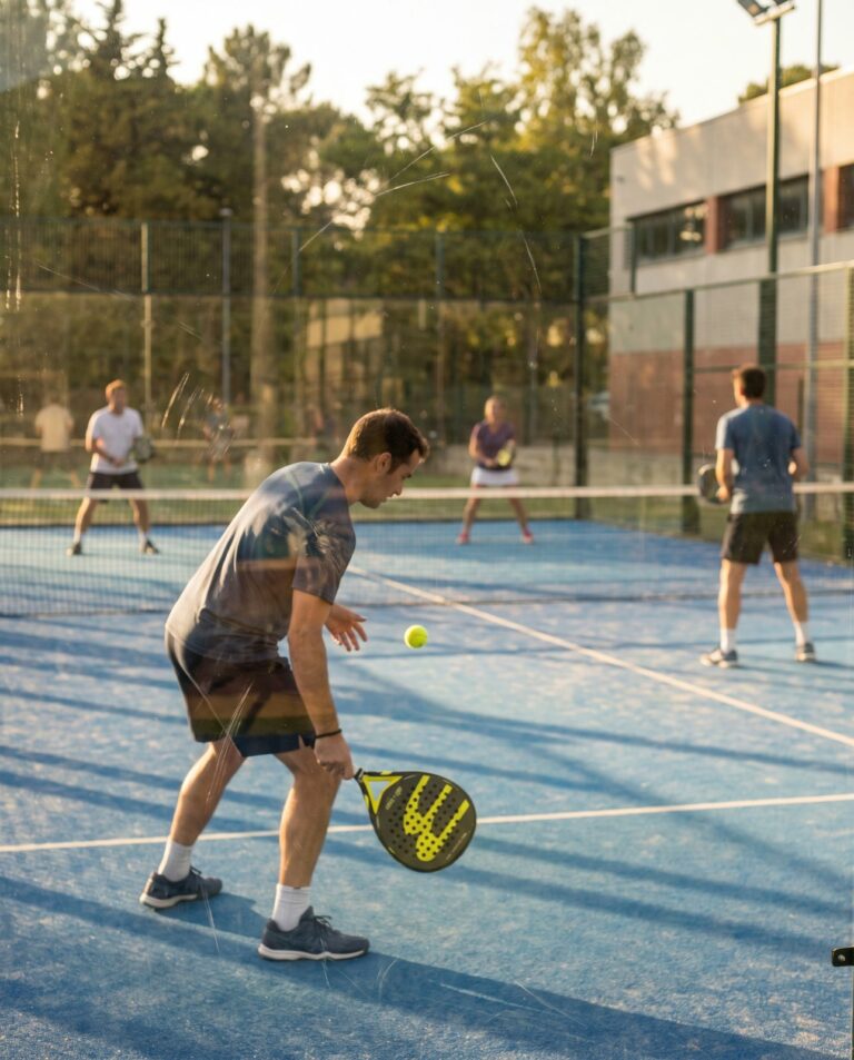 Match de padel en double vu depuis la vitre