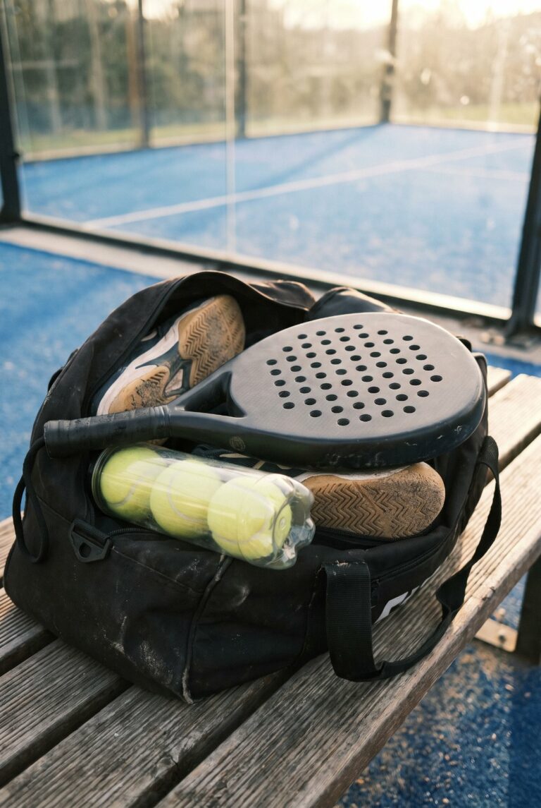 Sac de padel ouvert sur un banc avec raquette, chaussures et balles